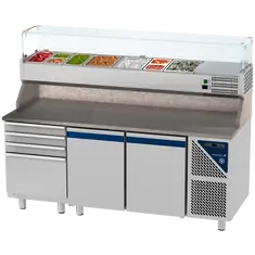 Prismafood Kühltisch 2 Türen & 4er Schubladenblock & Schaukasten GN 1/3 Kapazität: 606 lt Temperatur: 0°C/+10°C