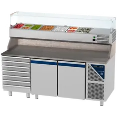 Prismafood Kühltisch 2 Türen & 7er Schubladenblock & Schaukasten GN 1/3 Kapazität: 606 lt Temperatur: 0°C/+10°C