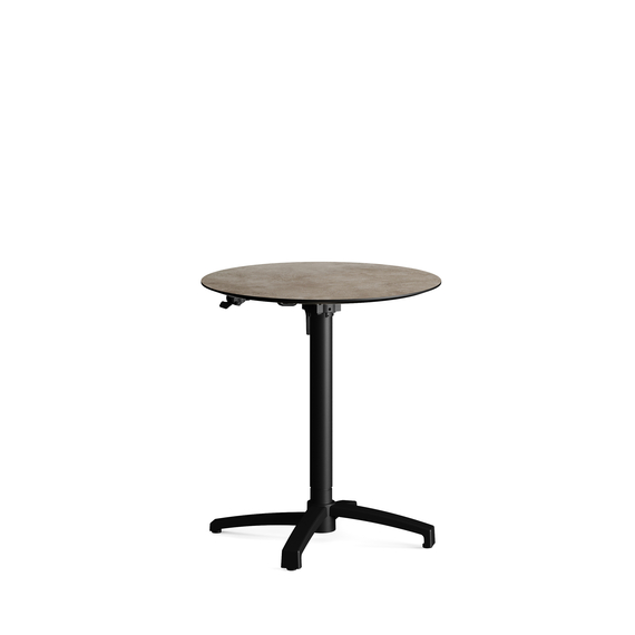 110101370-xcross-height-adjustable-table-black_moonstone_1.jpg Feros X Cross - Höhenverstellbares schwarz Tischgestell + Moonstone HPL-Tischplatte Ø70 cm, Schwarz + Moonstone – Bild 1