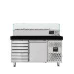 Vaiotec Pizzakühltisch / 1-türig & 7 Schubladen "schwarz" inkl. Kühlaufsatz GN1/4, 1510 x 800 mm
