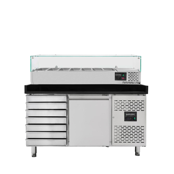 11265-1.jpg Vaiotec Pizzakühltisch / 1-türig & 7 Schubladen "schwarz" inkl. Kühlaufsatz GN1/4, 1510 x 800 mm – Bild 1
