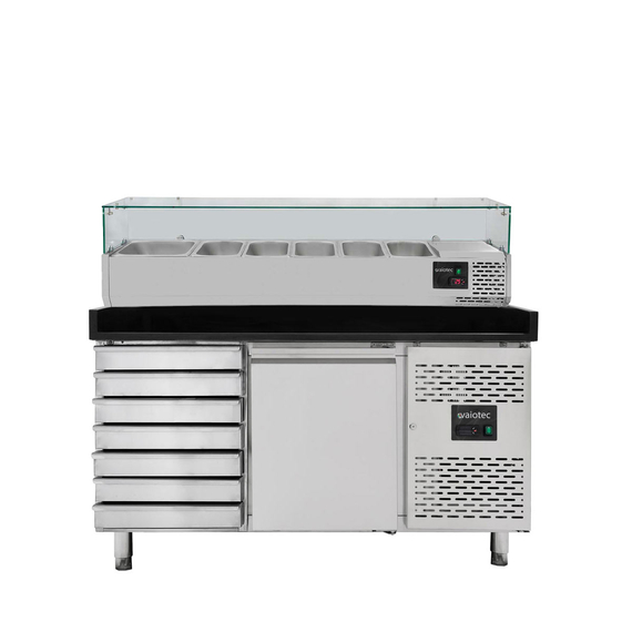 11266-1.jpg Vaiotec Pizzakühltisch / 1-türig & 7 Schubladen "schwarz" inkl. Kühlaufsatz GN1/3, 1510 x 800 mm – Bild 1