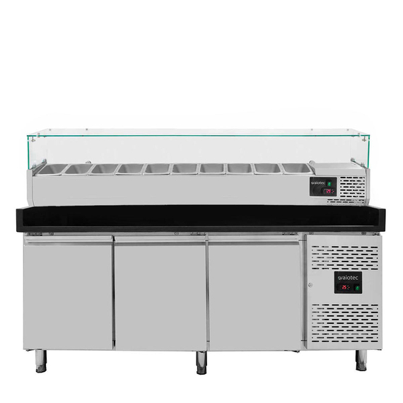 11267-1.jpg Vaiotec Pizzakühltisch / 3-türig "schwarz" inkl. Kühlaufsatz GN1/4, 2020 x 800 mm – Bild 1