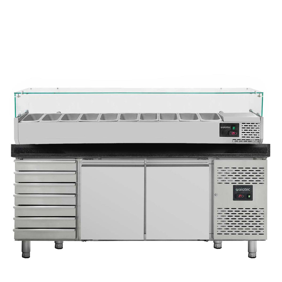 11269-1.jpg Vaiotec Pizzakühltisch / 2-türig & 7 Schubladen "schwarz" inkl. Kühlaufsatz GN1/4, 2020 x 800 mm – Bild 1