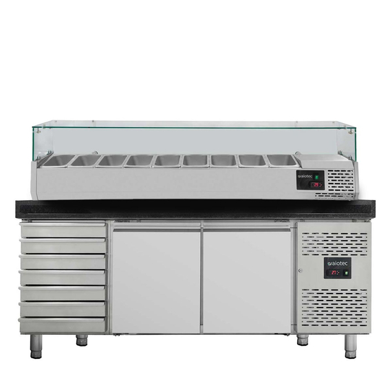 11270-1.jpg Vaiotec Pizzakühltisch / 2-türig & 7 Schubladen "schwarz" inkl. Kühlaufsatz GN1/3, 2020 x 800 mm – Bild 1