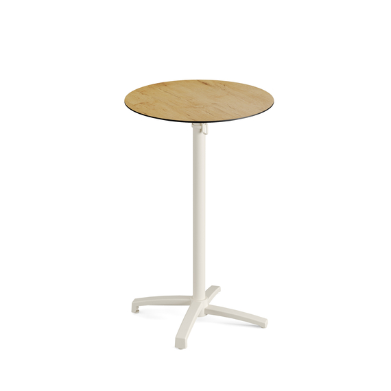 119091770-xcross-bar-table-sand_teakwood-1.jpg Feros X Cross - Tischgestell hoch sand + Teak wood HPL-Tischplatte Ø70 cm, Sand + Teak wood – Bild 1