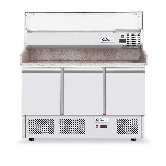 232033_2018.jpg Arktic Pizzatisch, dreitürig mit Aufsatzkühlvitrine 380+40L, 254L, 230V/400W, 1400x700x(H)1491mm – Bild 1