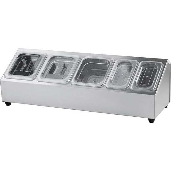 815250V01_MAIN_PRODUCT_PHOTO_JL3jiC7SouzQ.jpg Edelstahl Ständer für Gastronormbehälter - 3 x GN 1/6 (150 mm) und 2 x GN 1/9 (150 mm) – Bild 1