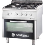 Stalgast Edelstahl Gasherd mit 4 Brennern (3,5x2x5+7) und Elektro-Umluft-Backofen GN1/1, Serie 700 ND