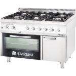 Stalgast Edelstahl Gasherd mit 6 Brennern (3,5+2x5+2x7+9), Elektro-Umluft-Backofen GN1/1 und Unterschrank, Serie 700 ND
