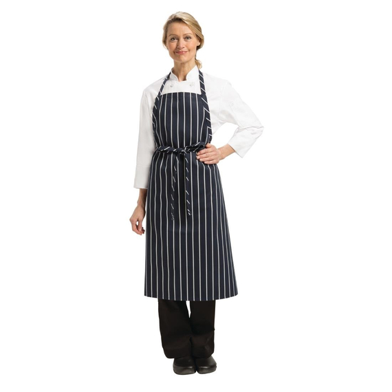 download_91aj-r9.jpg Chef Works Premium Woven Bib Apron Marineblau und Weiß gestreift – Bild 1