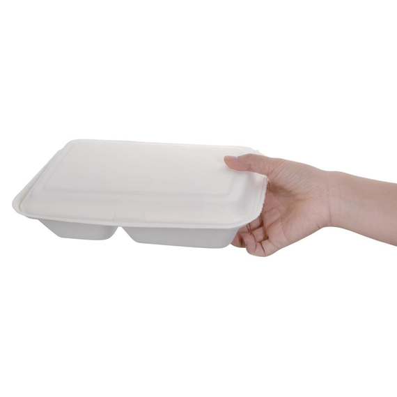 download_j9cu-2y.jpg Fiesta Compostable kompostierbare Menüboxen aus Bagasse mit Klappdeckel weiß 2-geteilt (200 Stück) – Bild 1