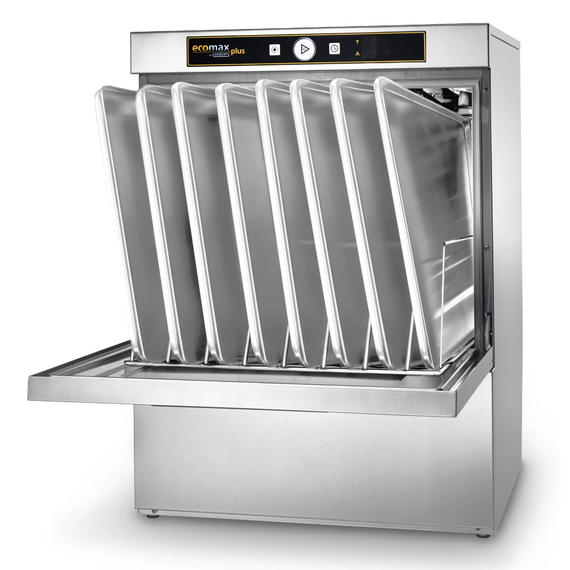 e_ww_f515l_dishwasher_angle_bakery_cut-out_0724_kl_s.jpg Hobart Ecomax Plus Geschirrspülmaschine F515LS-11D mit Klarspülpumpe und integrierte Enthärtung, Reinigerdosier- und Ablaufpumpe – Bild 1